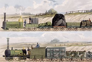 Vlak vagonů (nahoře) a Vlak dobytka, ovcí a prasat (dole) z „Barevného pohledu na železnici Liverpool und Manchester“, rytý S.G. Hughes, vydal Ackermann und Co., Londýn, 18323